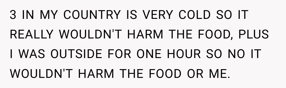 3 IN MY COUNTRY IS VERY COLD SO IT REALLY WOULDN'T HARM THE FOOD, PLUS I WAS OUTSIDE FOR ONE HOUR SO NO IT WOULDN'T HARM THE FOOD OR ME.