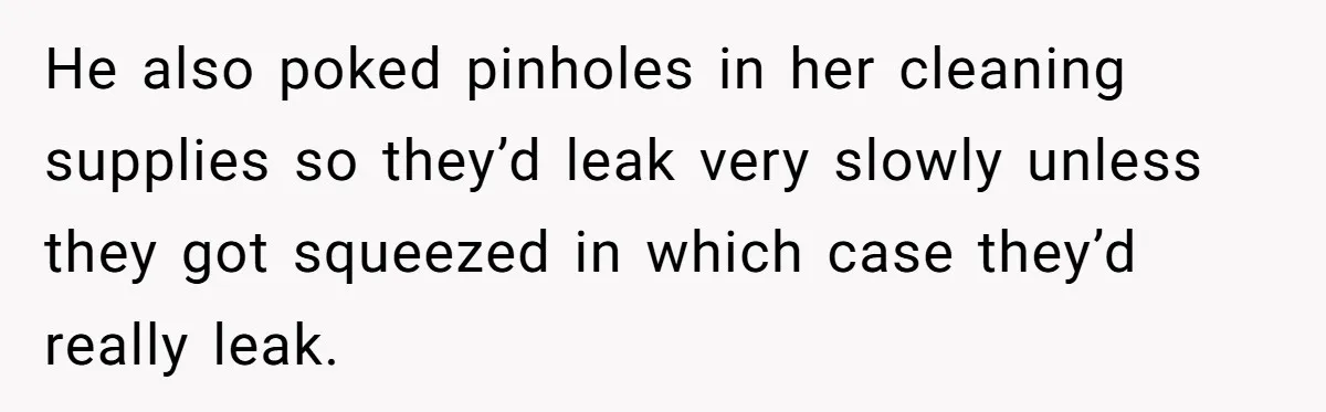 He also poked pinholes in her cleaning supplies so they’d leak very slowly unless they got squeezed in which case they’d really leak.