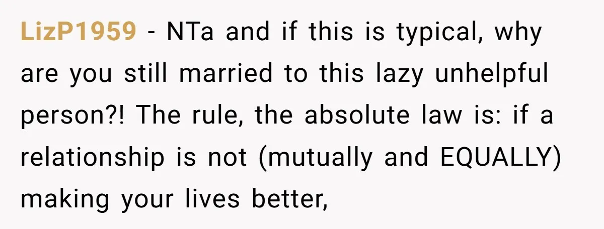 LizP1959 − NTa and if this is typical, why are you still married to this lazy unhelpful person?! The rule, the absolute law is: if a relationship is not (mutually...