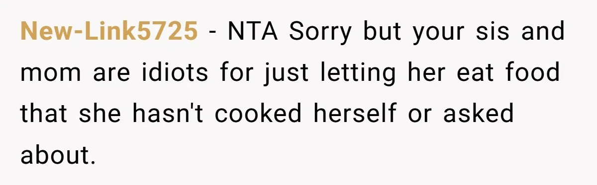 New-Link5725 − NTA Sorry but your sis and mom are idiots for just letting her eat food that she hasn't cooked herself or asked about.