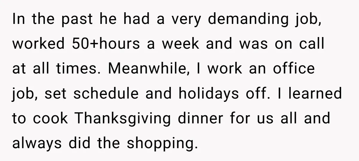 In the past he had a very demanding job, worked 50+hours a week and was on call at all times. Meanwhile, I work an office job, set schedule and holidays...