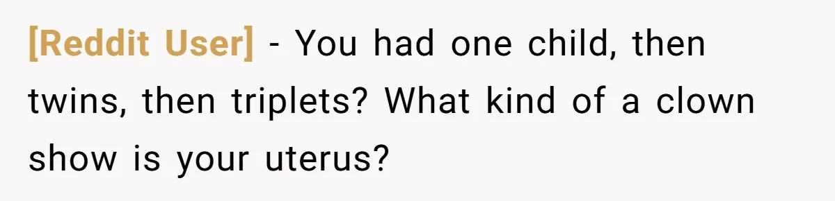 [Reddit User] − You had one child, then twins, then triplets? What kind of a clown show is your uterus?