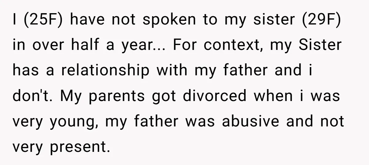 I (25F) have not spoken to my sister (29F) in over half a year... For context, my Sister has a relationship with my father and i don't. My parents got...