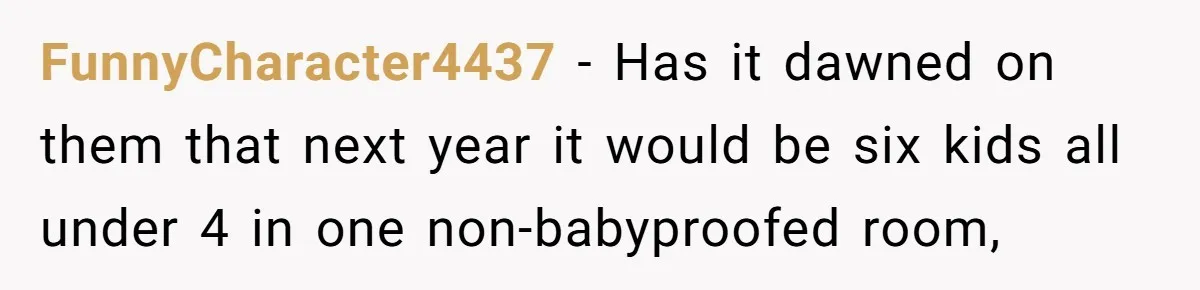 FunnyCharacter4437 − Has it dawned on them that next year it would be six kids all under 4 in one non-babyproofed room,