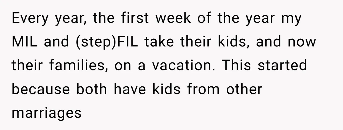 Every year, the first week of the year my MIL and (step)FIL take their kids, and now their families, on a vacation. This started because both have kids from other...