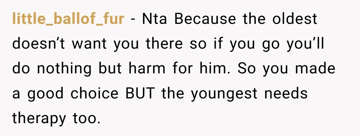 little_ballof_fur − Nta Because the oldest doesn’t want you there so if you go you’ll do nothing but harm for him. So you made a good choice BUT the youngest...