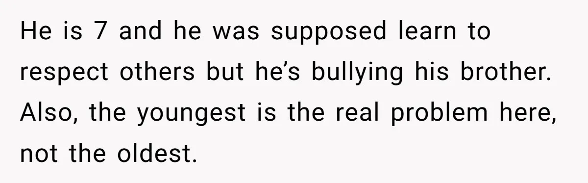 He is 7 and he was supposed learn to respect others but he’s bullying his brother. Also, the youngest is the real problem here, not the oldest.