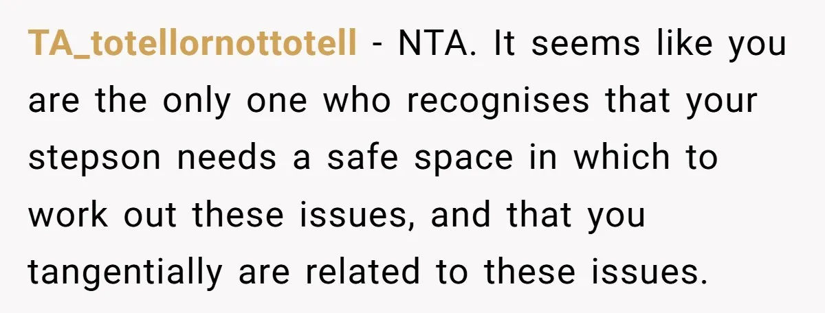 TA_totellornottotell − NTA. It seems like you are the only one who recognises that your stepson needs a safe space in which to work out these issues, and that you...