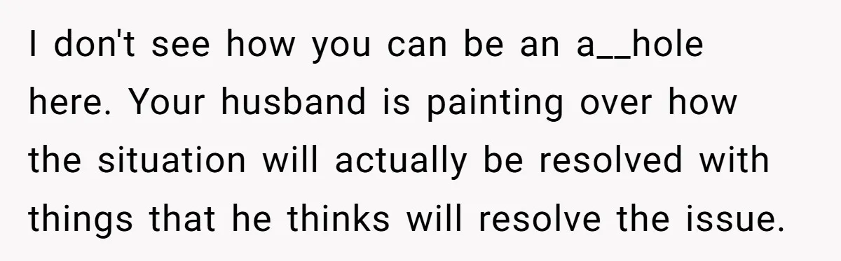 I don't see how you can be an a__hole here. Your husband is painting over how the situation will actually be resolved with things that he thinks will resolve the...