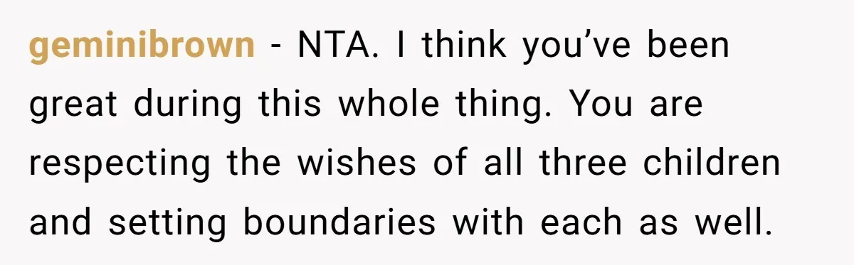 geminibrown − NTA. I think you’ve been great during this whole thing. You are respecting the wishes of all three children and setting boundaries with each as well.