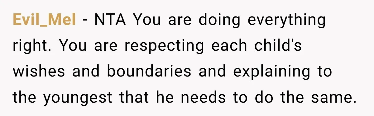 Evil_Mel − NTA You are doing everything right. You are respecting each child's wishes and boundaries and explaining to the youngest that he needs to do the same.