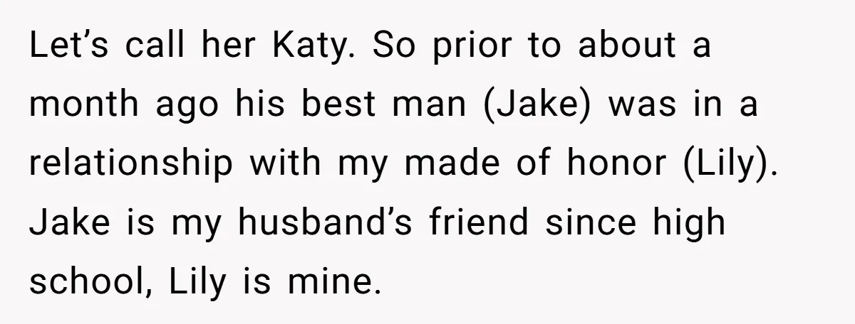 Let’s call her Katy. So prior to about a month ago his best man (Jake) was in a relationship with my made of honor (Lily). Jake is my husband’s friend...