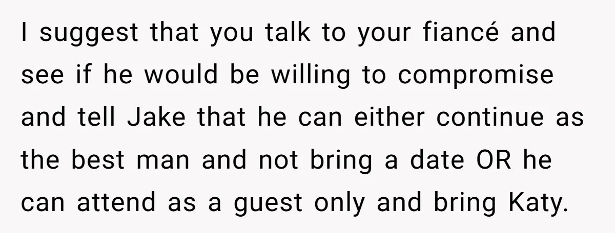 I suggest that you talk to your fiancé and see if he would be willing to compromise and tell Jake that he can either continue as the best man and...