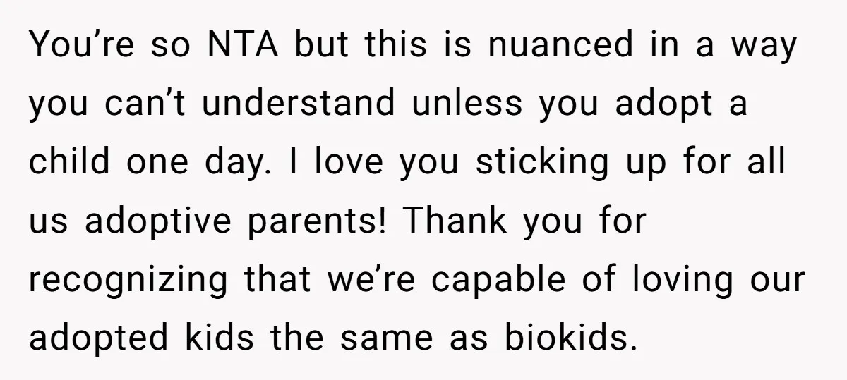 You’re so NTA but this is nuanced in a way you can’t understand unless you adopt a child one day. I love you sticking up for all us adoptive parents!...