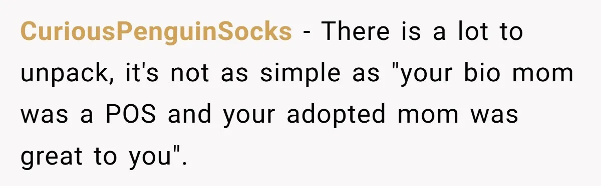 CuriousPenguinSocks − There is a lot to unpack, it's not as simple as "your bio mom was a POS and your adopted mom was great to you".