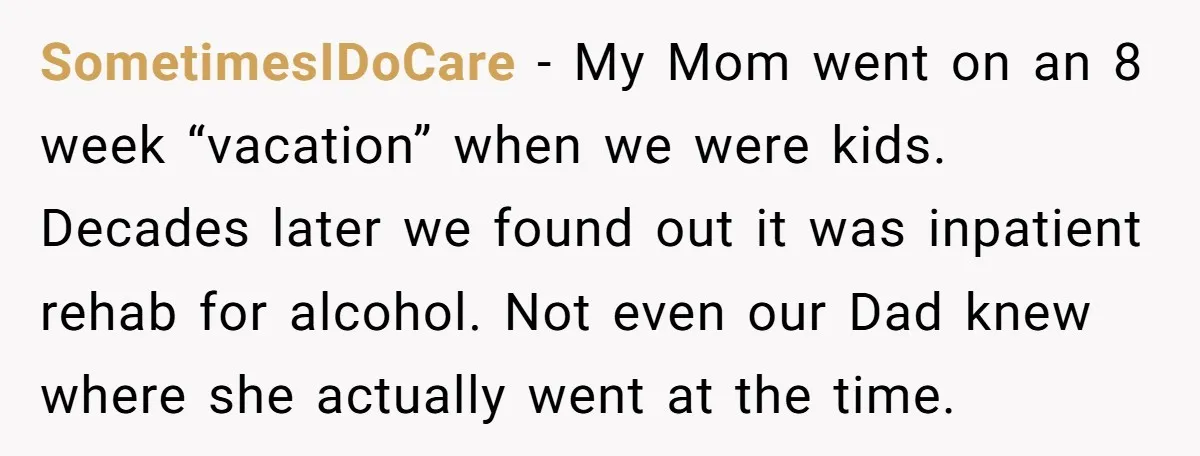 SometimesIDoCare − My Mom went on an 8 week “vacation” when we were kids. Decades later we found out it was inpatient rehab for alcohol. Not even our Dad knew...