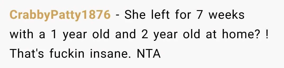 CrabbyPatty1876 − She left for 7 weeks with a 1 year old and 2 year old at home? ! That's fuckin insane. NTA