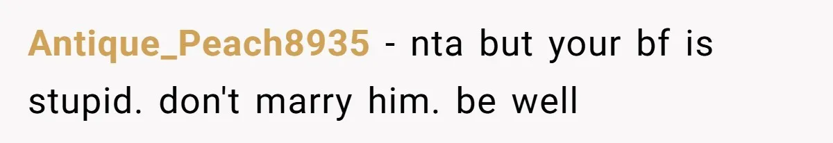 Antique_Peach8935 − nta but your bf is stupid. don't marry him. be well