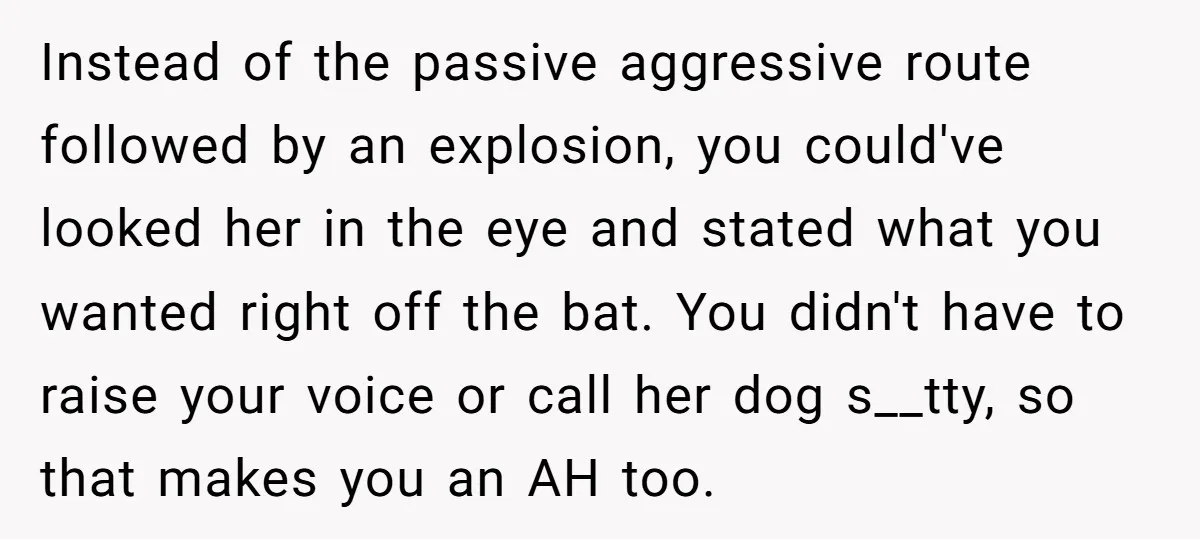 Instead of the passive aggressive route followed by an explosion, you could've looked her in the eye and stated what you wanted right off the bat. You didn't have to...