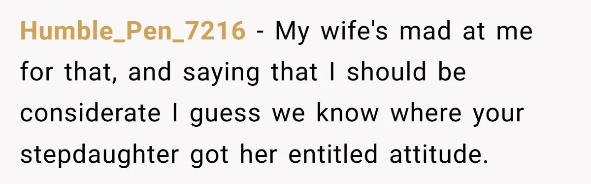 Humble_Pen_7216 − My wife's mad at me for that, and saying that I should be considerate I guess we know where your stepdaughter got her entitled attitude.
