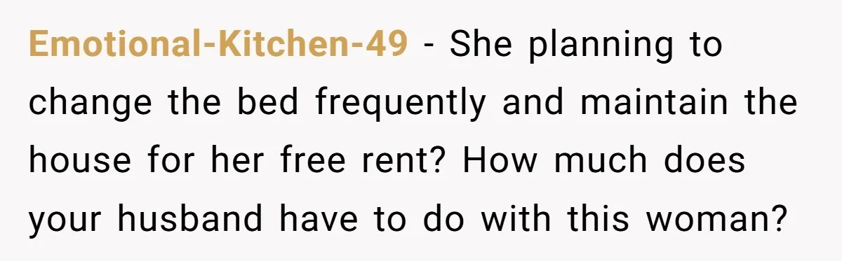 Emotional-Kitchen-49 − She planning to change the bed frequently and maintain the house for her free rent? How much does your husband have to do with this woman?