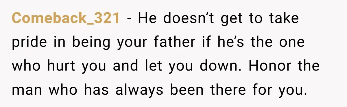 Comeback_321 − He doesn’t get to take pride in being your father if he’s the one who hurt you and let you down. Honor the man who has always been...