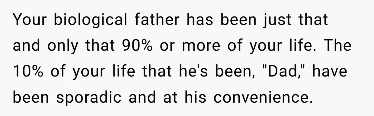 Your biological father has been just that and only that 90% or more of your life. The 10% of your life that he's been, "Dad," have been sporadic and at...