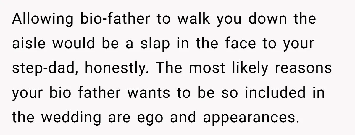 Allowing bio-father to walk you down the aisle would be a slap in the face to your step-dad, honestly. The most likely reasons your bio father wants to be so...