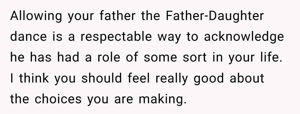 Allowing your father the Father-Daughter dance is a respectable way to acknowledge he has had a role of some sort in your life. I think you should feel really good...