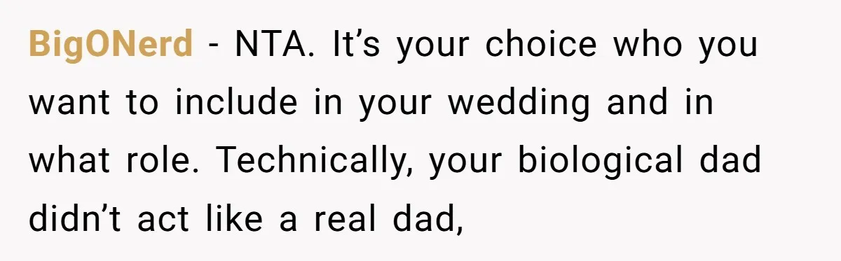 BigONerd − NTA. It’s your choice who you want to include in your wedding and in what role. Technically, your biological dad didn’t act like a real dad,