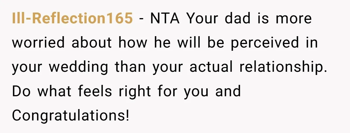 Ill-Reflection165 − NTA Your dad is more worried about how he will be perceived in your wedding than your actual relationship. Do what feels right for you and Congratulations!