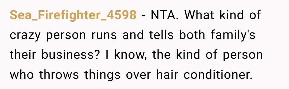 Sea_Firefighter_4598 − NTA. What kind of crazy person runs and tells both family's their business? I know, the kind of person who throws things over hair conditioner.