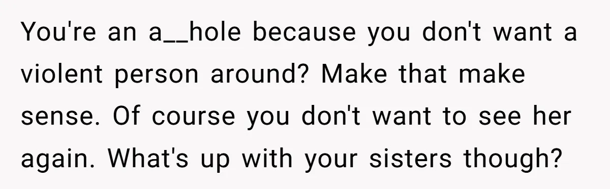 You're an a__hole because you don't want a violent person around? Make that make sense. Of course you don't want to see her again. What's up with your sisters though?