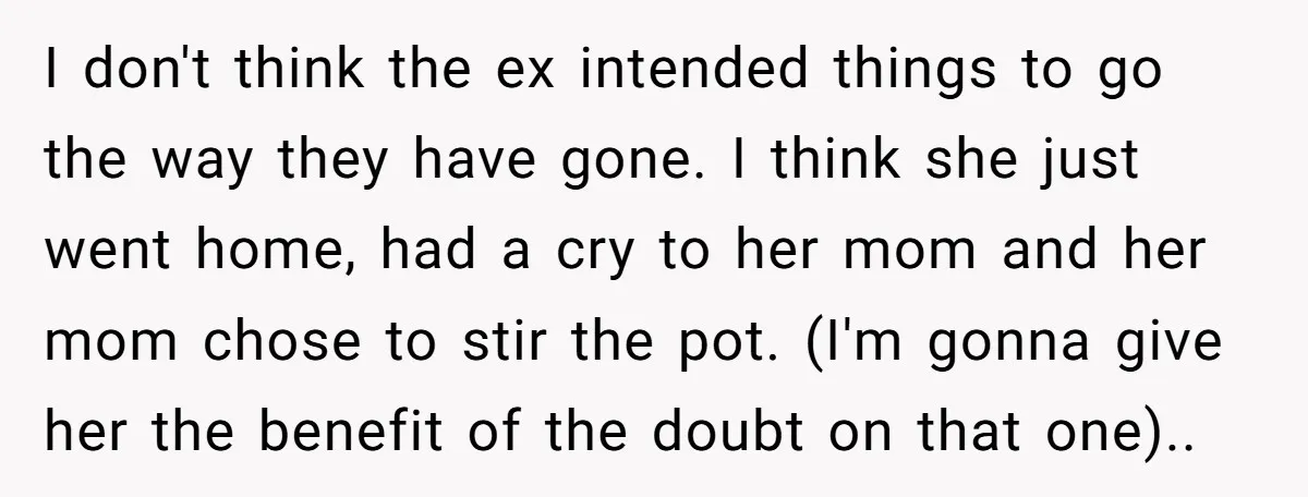 I don't think the ex intended things to go the way they have gone. I think she just went home, had a cry to her mom and her mom chose...