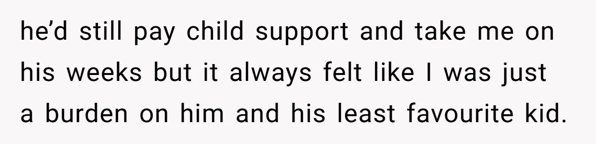 he’d still pay child support and take me on his weeks but it always felt like I was just a burden on him and his least favourite kid.