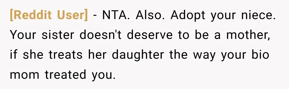 [Reddit User] − NTA. Also. Adopt your niece. Your sister doesn't deserve to be a mother, if she treats her daughter the way your bio mom treated you.
