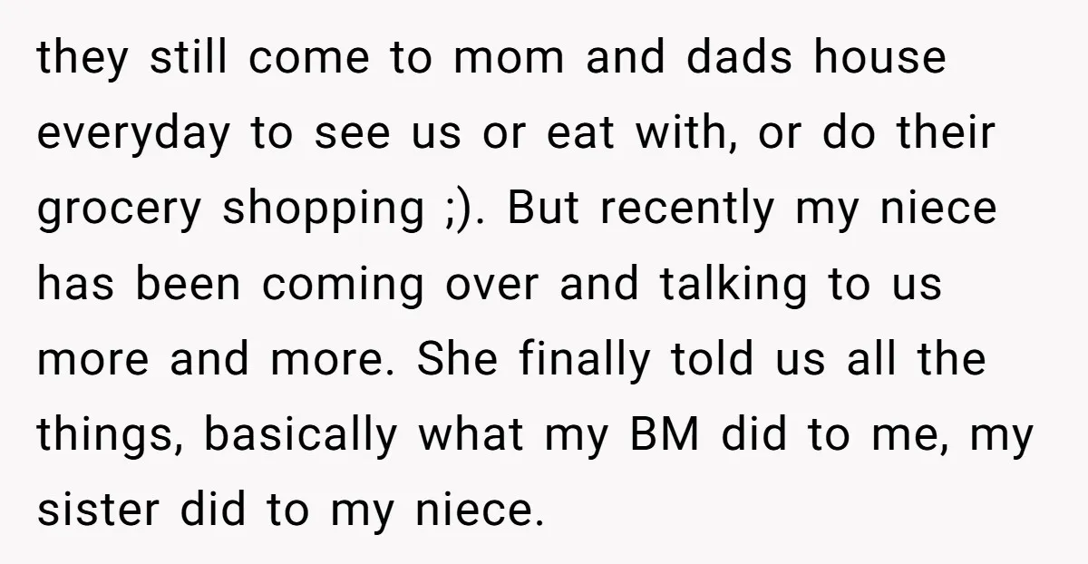they still come to mom and dads house everyday to see us or eat with, or do their grocery shopping ;). But recently my niece has been coming over and...