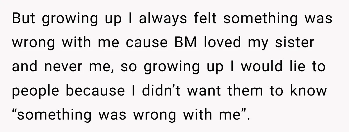 But growing up I always felt something was wrong with me cause BM loved my sister and never me, so growing up I would lie to people because I didn’t...