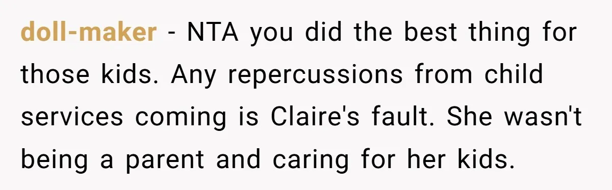 doll-maker − NTA you did the best thing for those kids. Any repercussions from child services coming is Claire's fault. She wasn't being a parent and caring for her kids.