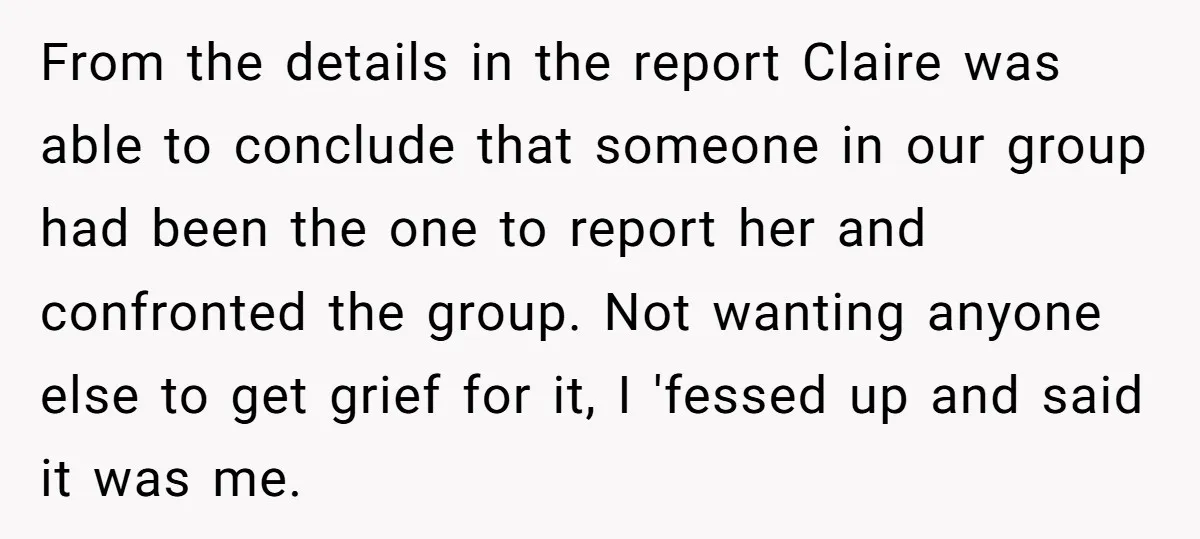 From the details in the report Claire was able to conclude that someone in our group had been the one to report her and confronted the group. Not wanting anyone...