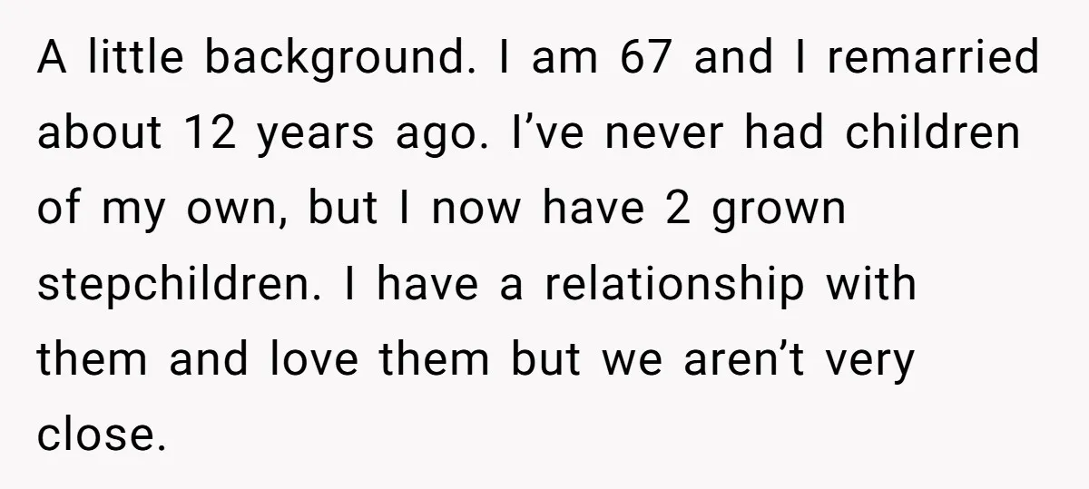 A little background. I am 67 and I remarried about 12 years ago. I’ve never had children of my own, but I now have 2 grown stepchildren. I have a...