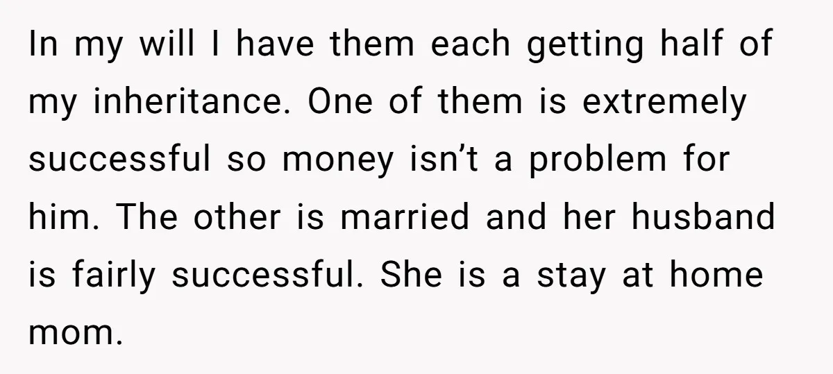 In my will I have them each getting half of my inheritance. One of them is extremely successful so money isn’t a problem for him. The other is married and...