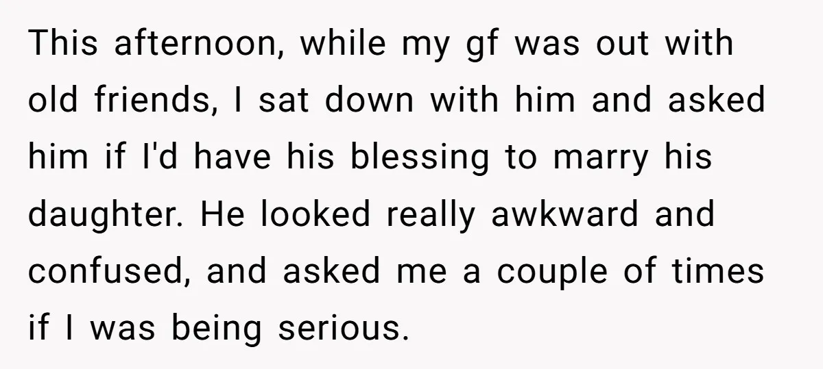 This afternoon, while my gf was out with old friends, I sat down with him and asked him if I'd have his blessing to marry his daughter. He looked really...