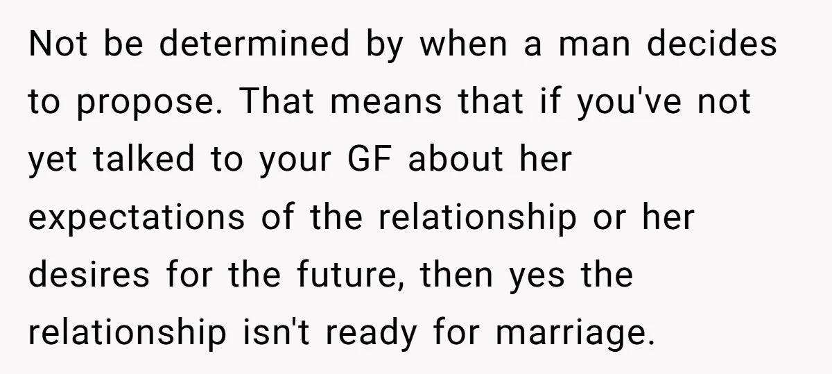 Not be determined by when a man decides to propose. That means that if you've not yet talked to your GF about her expectations of the relationship or her desires...