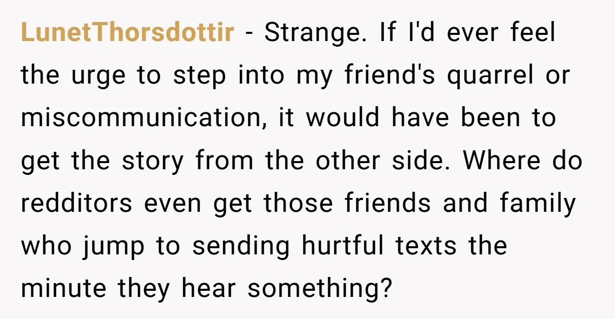 LunetThorsdottir − Strange. If I'd ever feel the urge to step into my friend's quarrel or miscommunication, it would have been to get the story from the other side. Where...