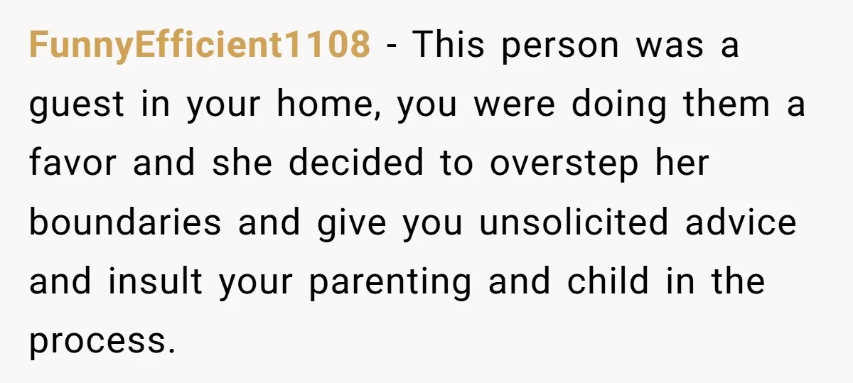 FunnyEfficient1108 − This person was a guest in your home, you were doing them a favor and she decided to overstep her boundaries and give you unsolicited advice and insult...