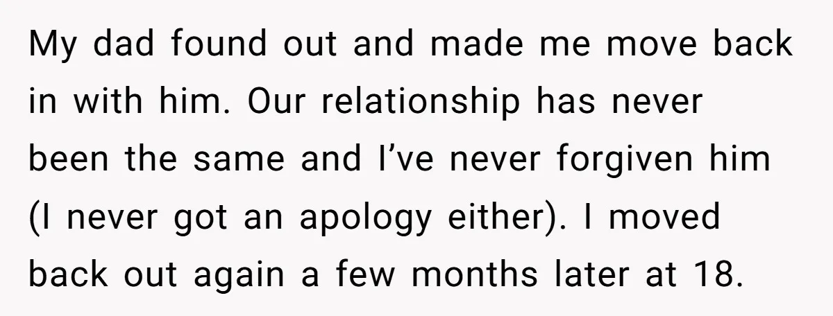 My dad found out and made me move back in with him. Our relationship has never been the same and I’ve never forgiven him (I never got an apology either)....