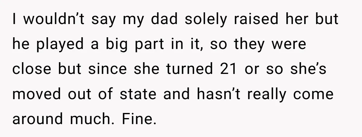 I wouldn’t say my dad solely raised her but he played a big part in it, so they were close but since she turned 21 or so she’s moved out...