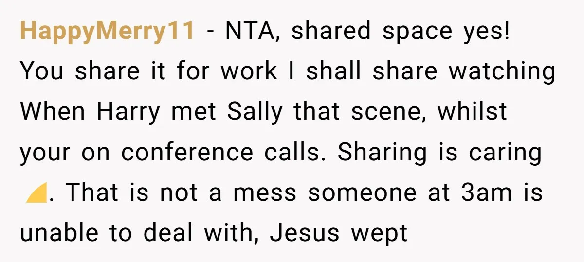HappyMerry11 − NTA, shared space yes! You share it for work I shall share watching When Harry met Sally that scene, whilst your on conference calls. Sharing is caring 😊....