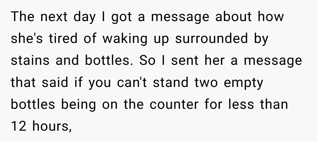 The next day I got a message about how she's tired of waking up surrounded by stains and bottles. So I sent her a message that said if you can't...